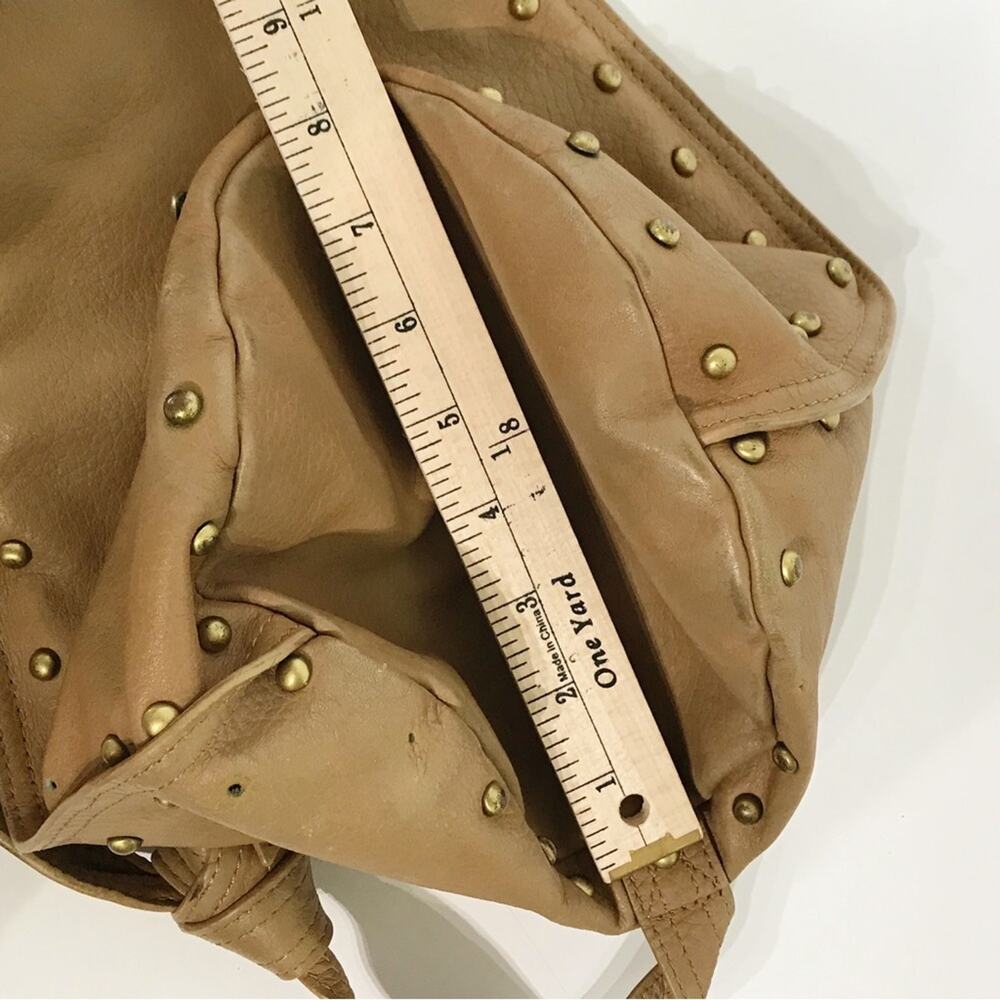 Patti Hansen for HUNG ON U Tan Leather Bronze Studded Cross Body Sling Bag Cross - Picture 13 of 16